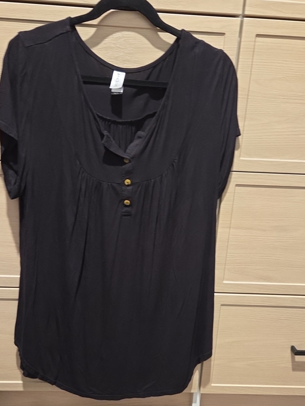 Black Short-Sleeve Scoop Neck Button Front Women's Top